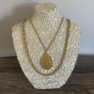 Vintage SHP Marked Gold Tone Plated Layered Chain Pendant Necklace